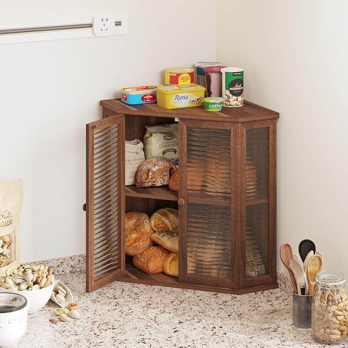 Extra Large Acacia Wood Corner Bread Box for Kitchen Countertop, 16.5 Inch Wooden Breadbox with Glass Wavy Door, Durable Grain Finish, Farmhouse Style Design (Acacia Wood)