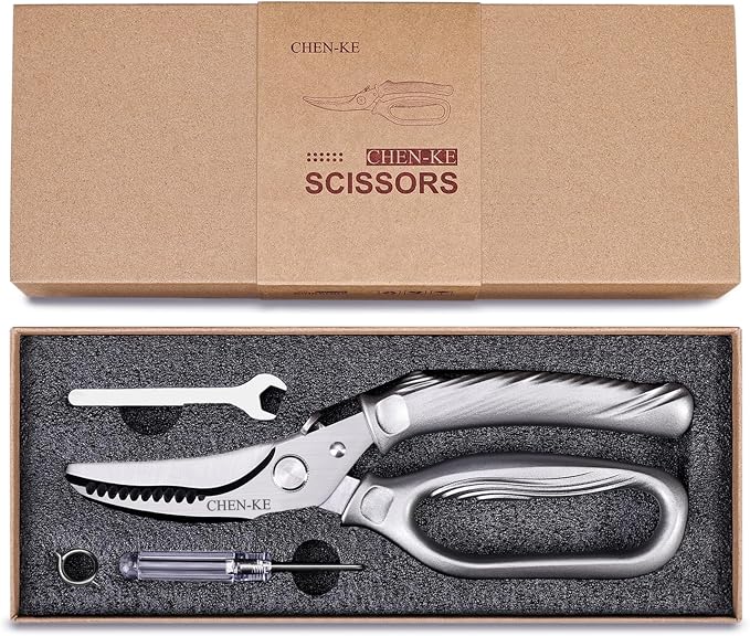CHEN-KE Rust Resistant Heavy Duty Multipurpose Kitchen Shears-Silver | Stainless Steel Kitchen Scissors, One-Hand, Ergonomic Grip, Sharp Durable Poultry Scissors for Chicken, Meat, Food Cutting