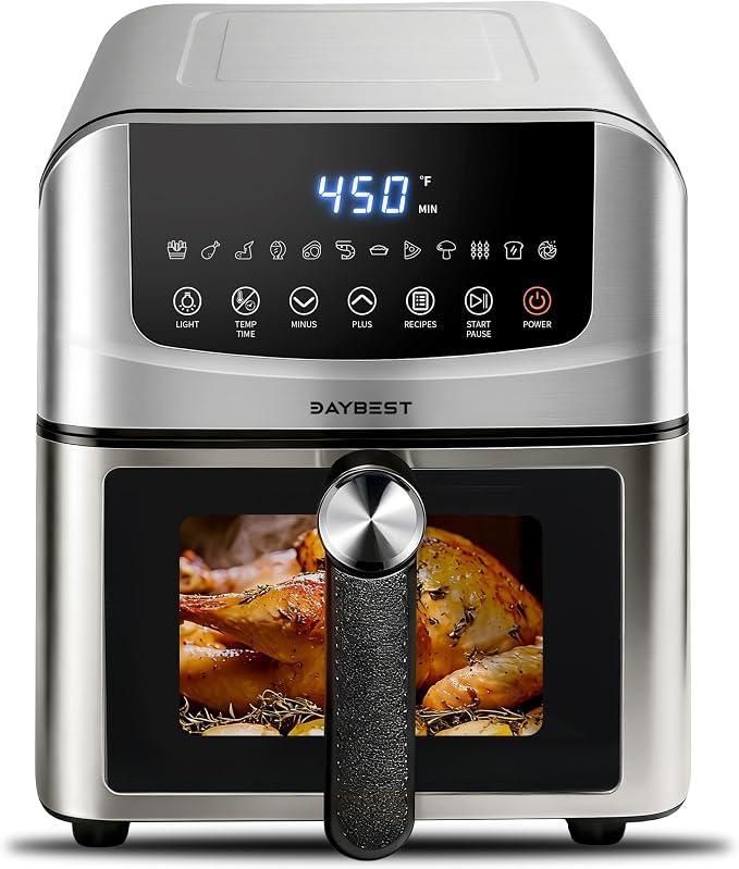 Stainless Steel Air Fryer Ceramic Coated Basket 6QT Dual-Blaze 450℉(Silver) | Non Stick Teflon-Free Premium Coat Healthy and Easy Clean, Max 450℉ Fast Cook in 1700W, Visible 8.27" for 2-3 Servings