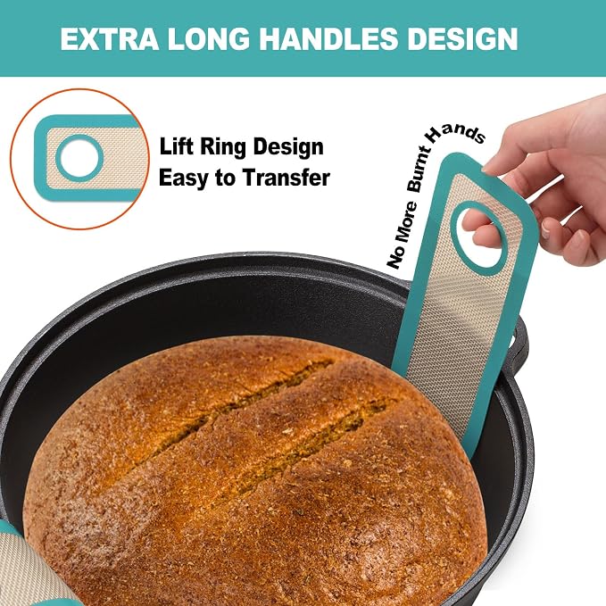 Silicone Bread Sling Oval and Round - Non-Stick & Easy Clean Reusable Oval Silicone Baking Mat for dutch oven. With Long Handles Sourdough Bread Baking mat tools supplier Liner (Aqua Sky)