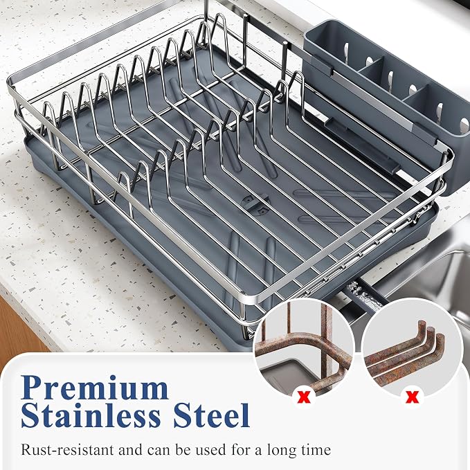 SNTD Dish Drying Rack for Kitchen Counter, 11.8" W x 16.7" L, Silver | Rustproof Stainless Steel, Large Capacity, Self-Draining Drainboard, Rotating Spout, Removable Utensil Holder