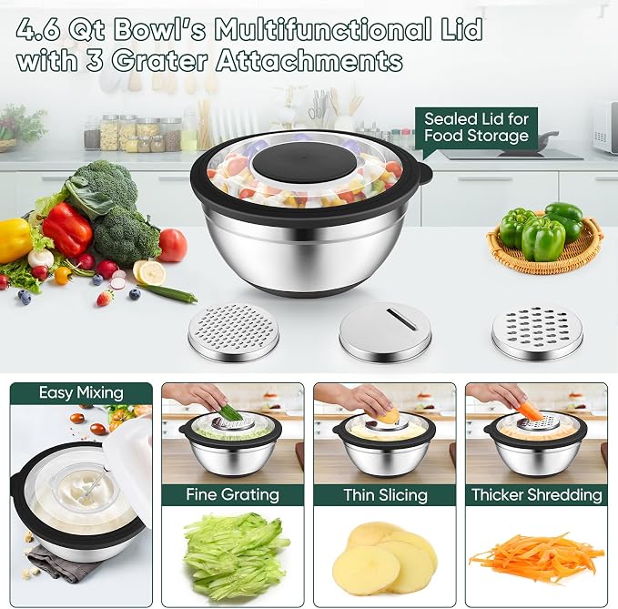 P&P CHEF Mixing Bowls with Lids, Metal Mixing Bowl with Colander, Black | 3 PCS Stainless Steel nesting bowls for Prepping, Storing, Colander for Draining, 3 Grater Attachments & Non-Slip Bottoms