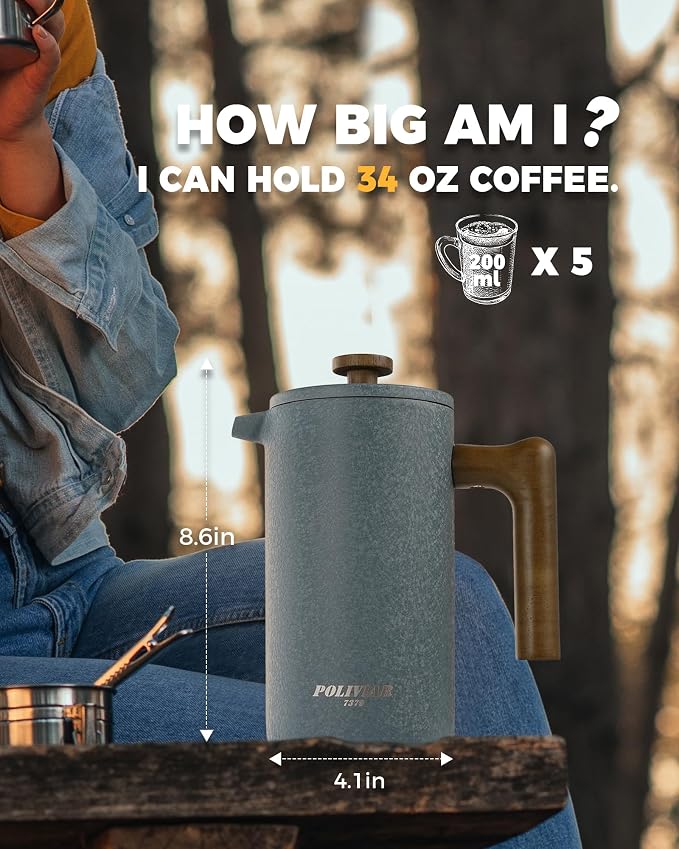 POLIVIAR French Press Coffee Maker, 34 oz | Real Wood Handle Coffee Press, Double Wall Insulation, Dual-Filter Screen, Food Grade Stainless Steel, For Coffee and Tea