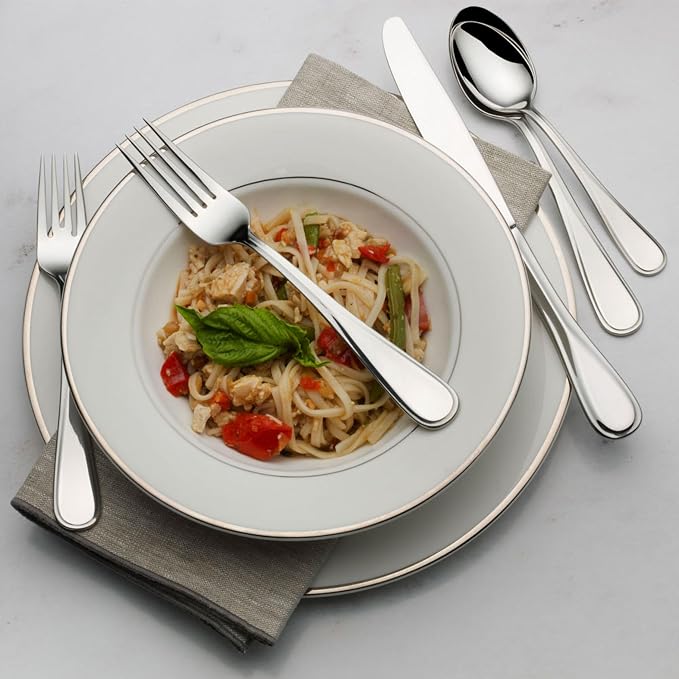 Mikasa Bravo 18/10 Stainless Steel Flatware Set, 101-Piece Service for 12, Polished Silver Silverware Set with Teardrop Handle, Dishwasher Safe Cutlery Set