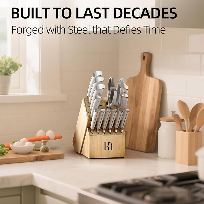 KnifeSaga Japanese 15-pc Kitchen Knife Block Set, Professional, Razor Sharp | Innovative Steel, High Carbon Stainless, Enduring Sharpness, Ergonomic Handle, Full-tang, Gift Box