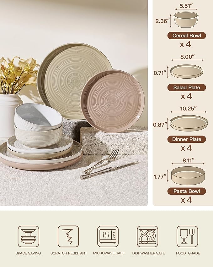 Stoneware Dinnerware Sets with Pasta Bowls, Service for 4 | 16-Piece Ceramic Plates and Bowls, Speckled Spiral Dishes, Chip & Scratch Resistant, Microwave & Dishwasher Safe, Multicolor