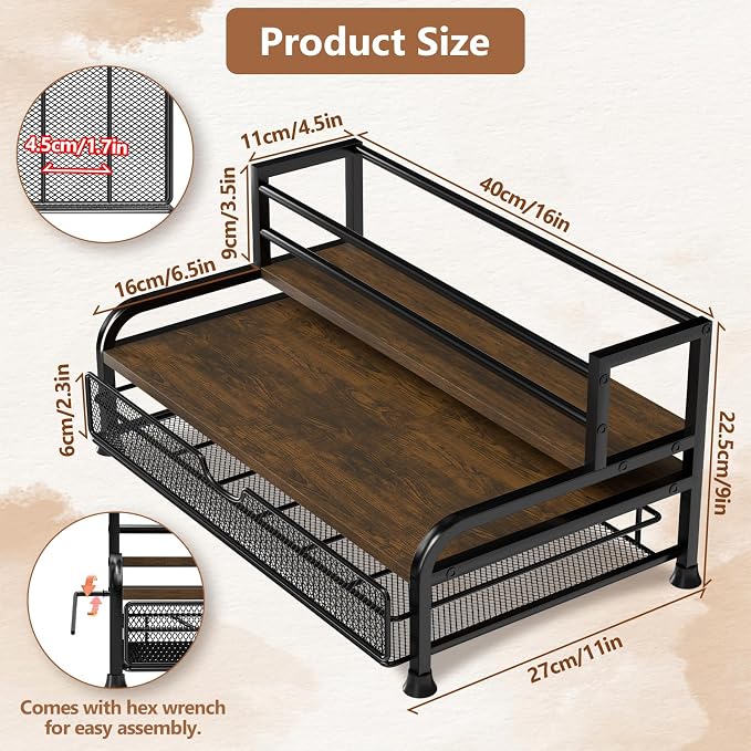 Coffee Syrup Rack Organizer, 3-Tier with 35 K-Cup Pod Holder Drawer | Black Metal Rack for 8 Syrup Bottles,Countertop Bottle Holder Stand for Wine,Space-Saving Design for Kitchen Cafe Station