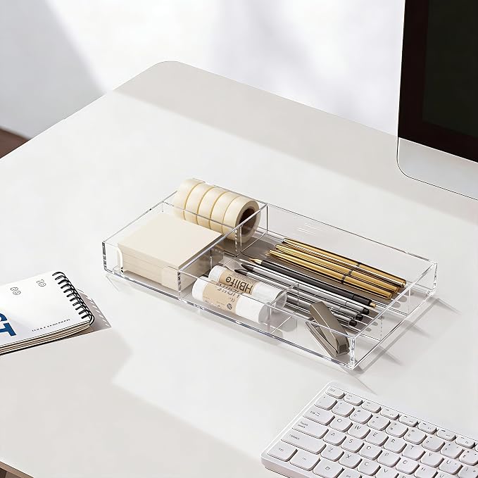 HBlife Acrylic Desk Drawer Organizer Tray with 6 Compartments, Small Clear Office Drawer Organizers and Accessories for Pens, Pencil, Makeup, Desktop, Bathroom and Kitchen, 11.65 x 6.1 x 1.38 Inch