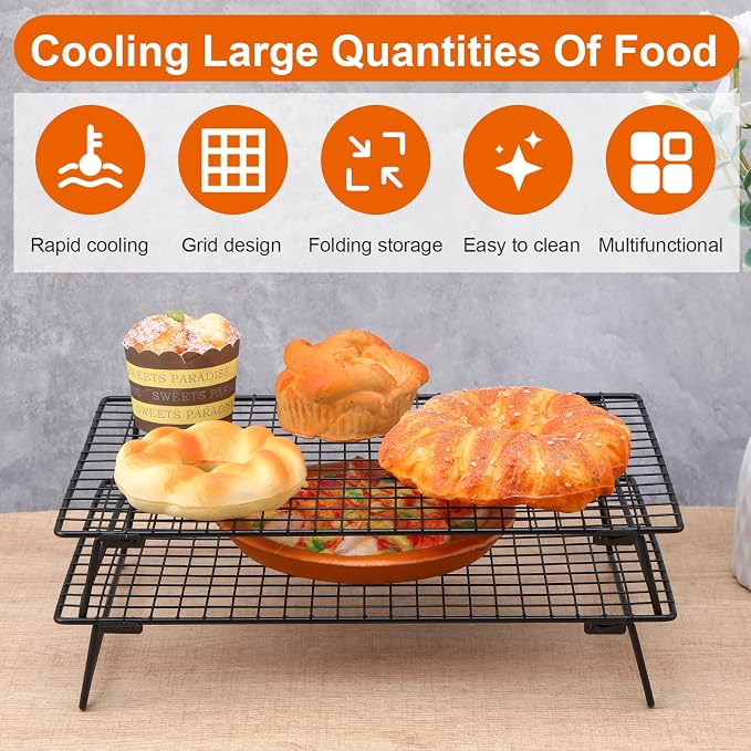 4Pcs Cooling Racks for Cooking and Baking, 13.4" x 9.4" Cookie Cooling Racks, 4-Tier Stackable Carbon Steel Wire Cooling Rack for Baking, Cookie, Pizza, Cake, Roasting, Making Jerky