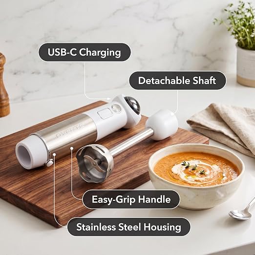 OVENTE Cordless Immersion Hand Blender, 300W Rechargeable White HR995W | Handheld Portable Mixer with Speed Pulse Activating Sensor and Stainless Steel Blades for Smoothies, Shakes, or Baby Food