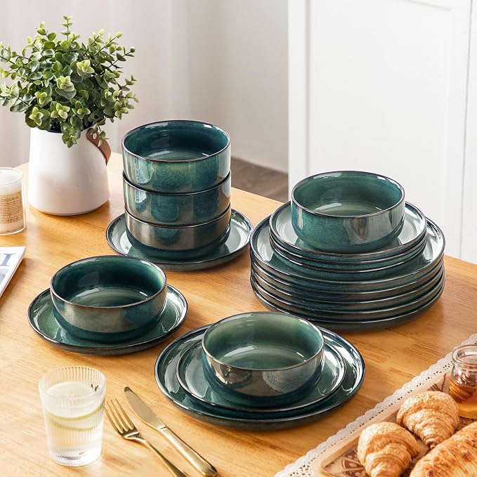 vancasso Starry 18 Pieces Dinnerware Sets for 6, Green Reactive Glaze Dishes Sets, Ceramic Plates and Bowls Set, Dinner Salad Dessert Plates, and Cereal Bowls Set, Dishwasher and Microwave Safe