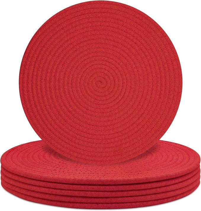 Round Placemats Set of 6, Cotton Rope Woven Table Mats, Hot Pads for Kitchen, Non Slip Heat Resistant Place Mats, 13 Inches Braided Placemat for Farmhouse Decor and Kitchen Table Decor (Red)