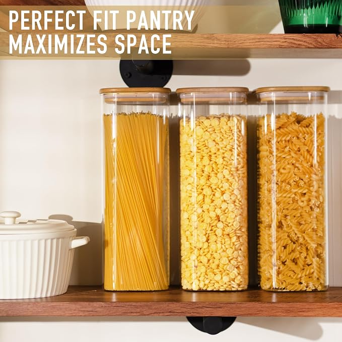 D2scrma 71oz Glass Square Storage Containers with Bamboo Lids Set of 3 (2100ml) Tall Food Storage Canisters Kitchen Jars for Pantry Organization Pasta, Penne, Macaroni, Lasagna, Fusilli