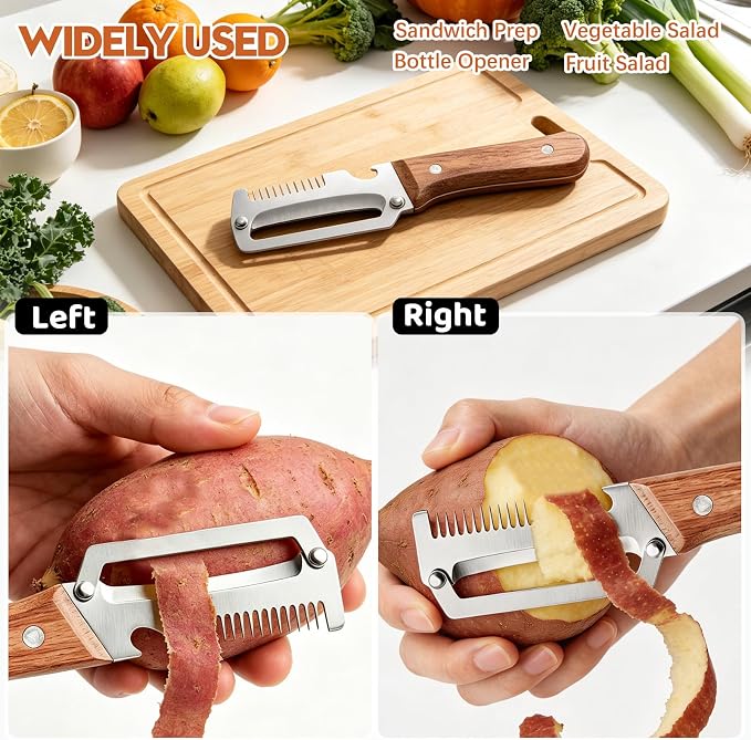 Left & Right Hand Vegetable Peeler Set with Scallion Slicer & Bottle Opener, Thickened Stainless Steel Wide Blade for Smooth Peeling, Wooden Handle Kitchen Peeler for Fruits & Vegetables