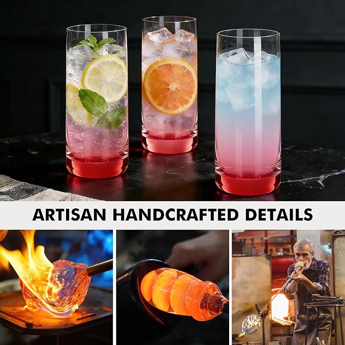Red Highball Glasses Set of 6, Drinking Glass for Mixed Drink | 13oz ,Cups for Cocktail, Beer, Mojito, Water and Juice,Thick Tall Glassware for Kitchen, Restaurant, Home Bar and Parties