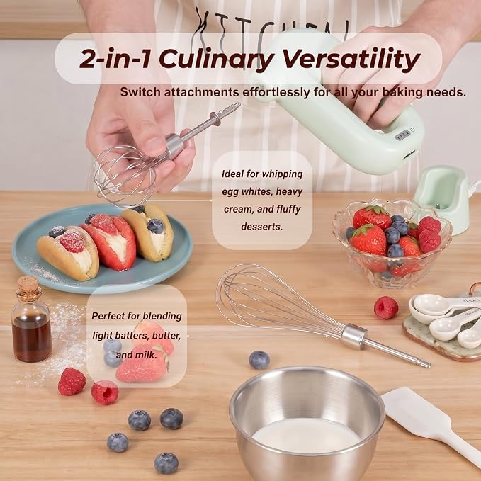 Colorful Mini Cordless Hand Mixer, Self-Standing USB Rechargeable Handheld Egg Beater with 4 Speeds & 2 Whisks, Lightweight Portable Electric Whisk for Kitchen Baking and Cooking(White)