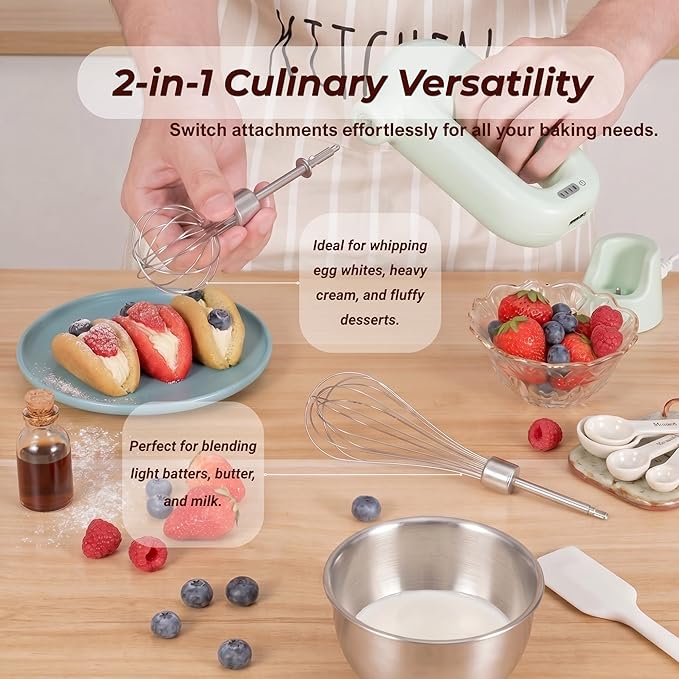 Colorful Mini Cordless Hand Mixer, Self-Standing USB Rechargeable Handheld Egg Beater with 4 Speeds & 2 Whisks, Lightweight Portable Electric Whisk for Kitchen Baking and Cooking(Pink)