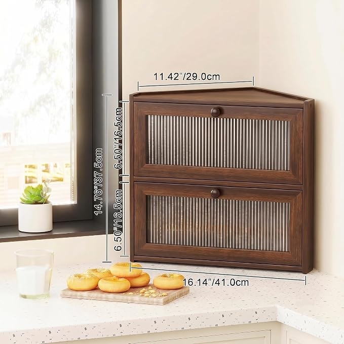 BAMBANG Corner Bread Box for Kitchen Countertop, Double Layer Bamboo Bread Storage Container with Wavy Windows, Farmhouse Large Bread Bin, Wooden Breadbox Holder for Homemade Bread (Brown)