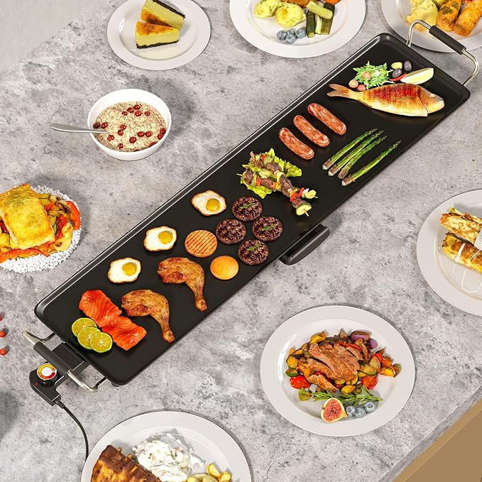 LDAILY Extra Large Nonstick Electric Griddle, Teppanyaki Grill BBQ W/ 4 Adjustable Temperature, Even Heating & Handles, Long Table Top Pancake Griddle Grill for Indoor & Outdoor Party, Camping（35’’）