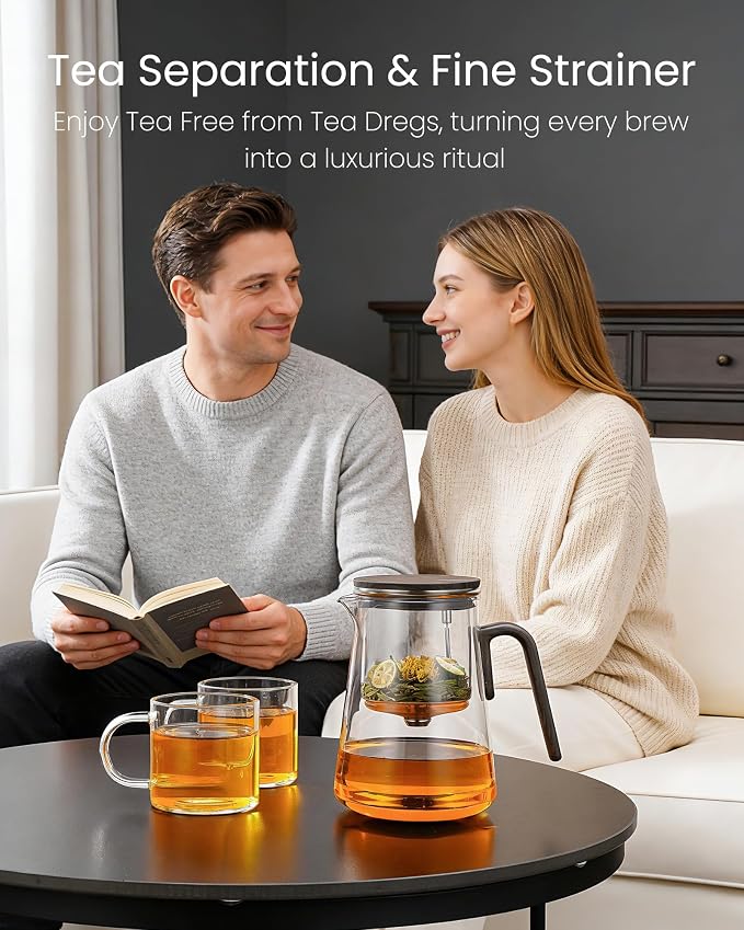 ZENS Magnetic Teapot with Infuser and 2 Cups, 34oz Magic Loose Tea Maker | Glass Magnetic Teapot, Echanted Tea Pot with Infusers for Loose Tea Steeper, Tea Lovers Gift, Walnut Pattern