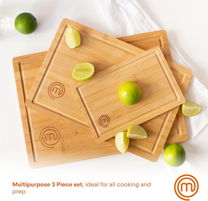 MasterChef Wooden Cutting Boards for Kitchen, Bamboo Cutting Board Set of 3 | Reversible Large, Medium & Small Wooden Chopping Boards with Juice Grooves, Natural, Organic & Sustainable Wood, Food Safe