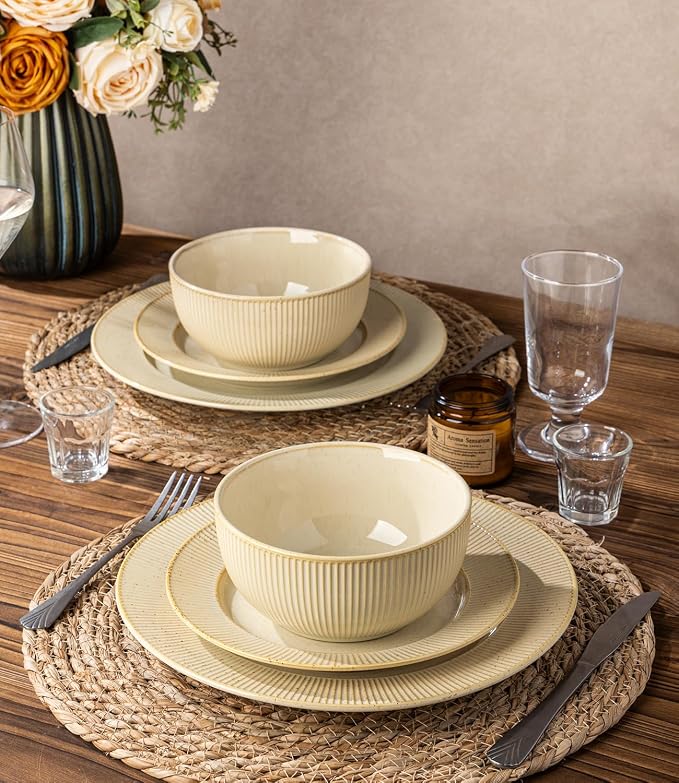 Ceramic Dinnerware Set for 4, 12-Piece Plates and Bowls Set | Lightweight Porcelain Dish Set, Scratch Resistant, Oven & Microwave & Dishwasher Safe, Cream Latte