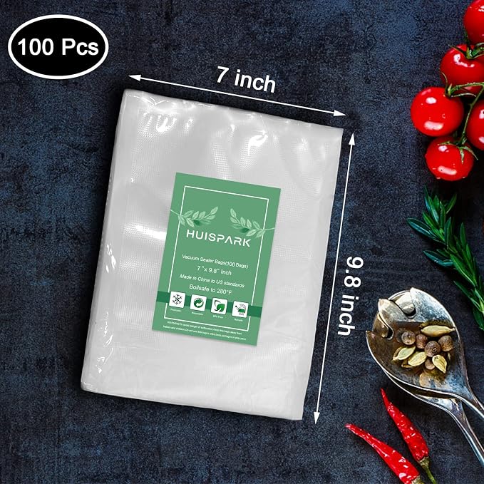 7" x 9.8" Vacuum Sealer Bags,Heavy Duty Pre-Cut Design Commercial Grade Food Sealable Bag for Heat Seal Food Storage,Smell Proof Bags Boilsafe to 280°F Freezable, Resizable,Reuseable (100Pcs)