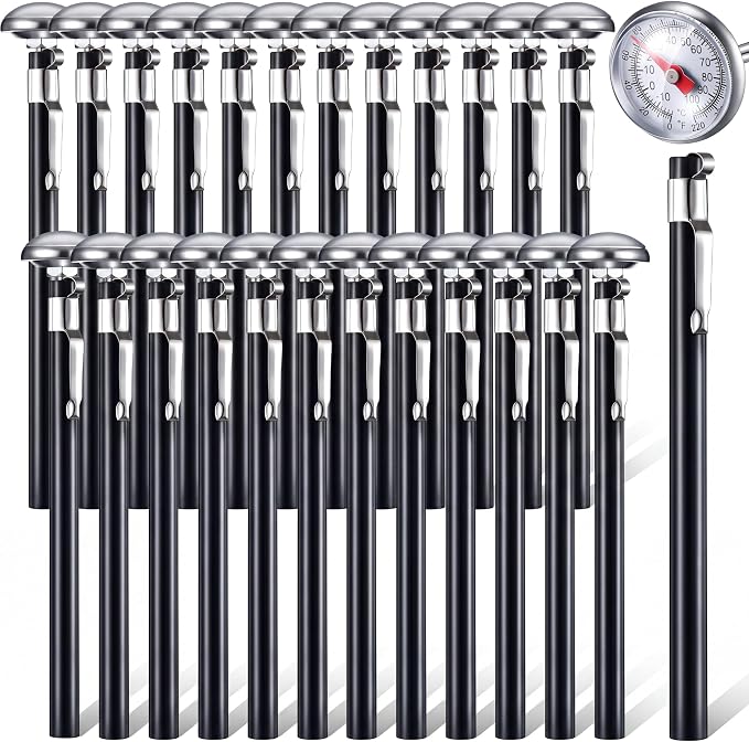 Xuhal 24 Pcs Stainless Steel Kitchen Thermometer with 5 Inch Long Stem 1 Inch Dial Thermometer Milk Frothing Food for Oven Probe Meat Grill BBQ Cooking Chocolate Water (Black)