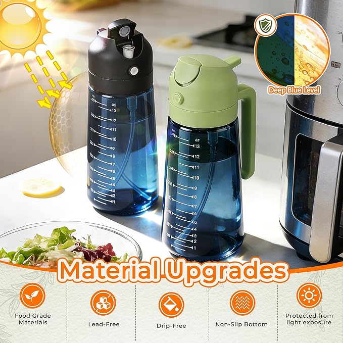 Glass Olive Oil Sprayer for Cooking (16oz/470ml), 2 in 1 Olive Oil Dispenser Bottle for Kitchen Gadgets and Air Fryer Accessories, Salad, BBQ (2-Pack, Blue Black Green)