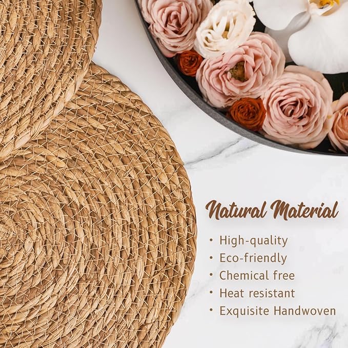 BAVIFY 13.8" Round Woven Placemats Set of 6, Table Mats for Dining Table | 13.8 Inch Place Mats Set of 6, Wicker Plate Chargers for Dinner Plates, Boho Farmhouse Rustic Mat for Dining Table Decor