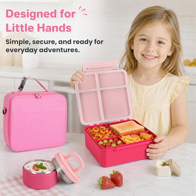 Bento Lunch Box with 8oz Soup Thermo,Kids Leakproof 4 Compartment Lunch Food Containers with Sauce Cup and Ice Pack,Kids Thermo Insulated Hot Food Jar and Lunch Bag for School,Trvael-Pink