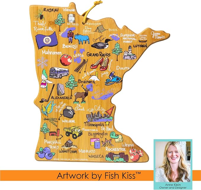 Totally Bamboo Minnesota State Shaped Cutting Board, Art by Fish Kiss | State charcuterie board with colorful hand-drawn map artwork. Smooth reverse side for food prep. Hang tie for wall display.
