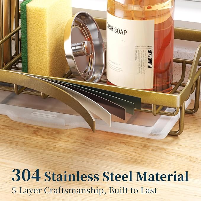 Consumest Sponge Holder for Kitchen Sink - Sink Caddy with Dish Brush Holder, Stainless Steel Kitchen Organizer with Drip Tray for Countertop, Darker Gold