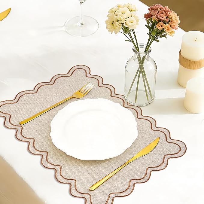 Whaline Beige Linen Placemats Embroidered Scalloped Kitchen Place Mats for Birthday Baby Shower Party Home Dining Table Decor, Set of 6, 13 x 19 in