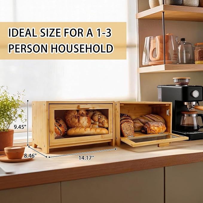 Bamboo Bread Box for Kitchen Countertop,Large Bread Storage Container with window,Modern Bread Storage Bin for Homemade Bread Organizer (Single Layer)