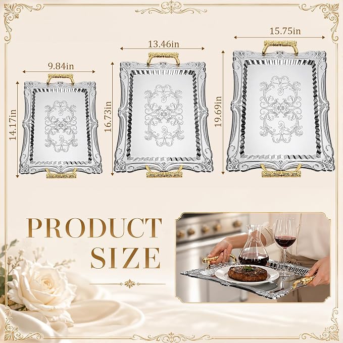 3 Pack Metal Serving Trays with Handles, Decorative Floral Platter Trays for Coffee Tea, Food, Dessert, Jewelry, for Buffet Wedding Party Kitchen Home Decor(Flower,Black, Gold)