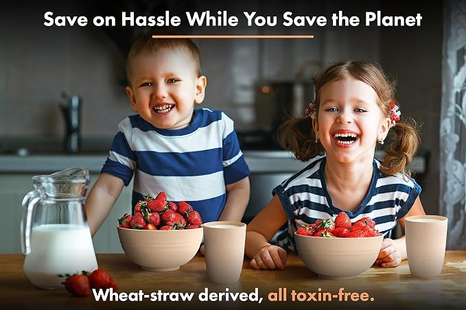 FOODLE Wheat Straw Dinnerware Set - Picnic, Camping Plates Cups and Bowls | BPA-Free & Safety Tested - Microwave & Dishwasher Safe - College Dorm Unbreakable Dishes - Great for Kids & Adults - For 4