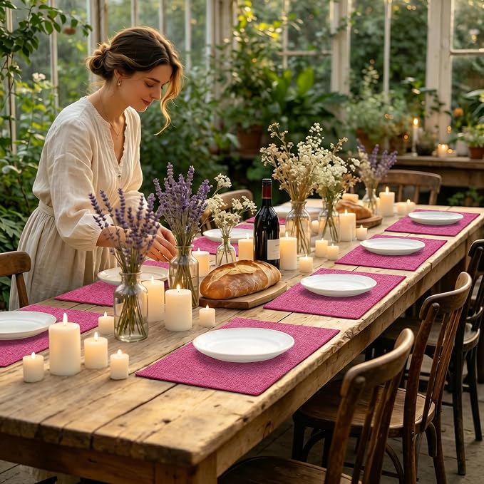 Faux Cotton Linen Placemats Set of 6, Cloth Washable Farmhouse Dining Table Mats for Indoors & Outdoors, Easy to Clean, Hot Pink, 13 x 19 Inch