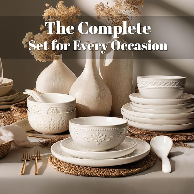 Plates And Bowls Sets, 16 Pieces Dinnerware Sets, Dish Set For 4, Ceramic Kitchen Bowl And Plate Set, Embossed White Dishware Sets, Dishwasher & Microwave Safe (Pinwheel Flower)
