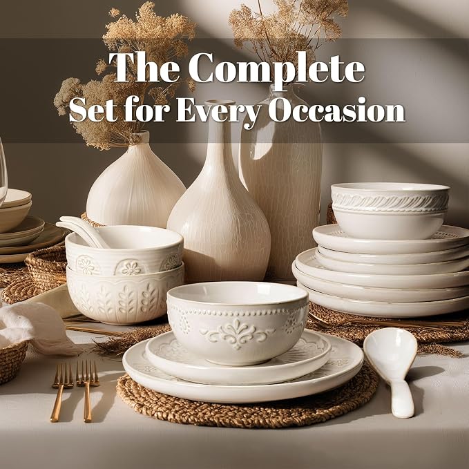 Plates And Bowls Sets, 16 Pieces Dinnerware Sets, Dish Set For 4, Ceramic Kitchen Bowl And Plate Set, Embossed White Dishware Sets, Dishwasher & Microwave Safe (Wheat Leaf)