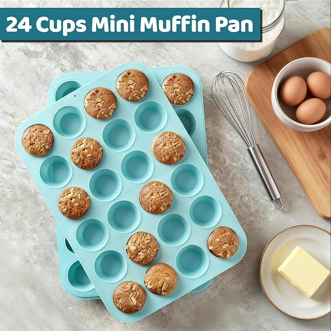 CAKETIME Silicone Mini Muffin Pan, 2 Pack 24 Cups Nonstick Mini Cupcake Pan for Baking Muffin, Cupcake, Egg Bites, Fat Bomb