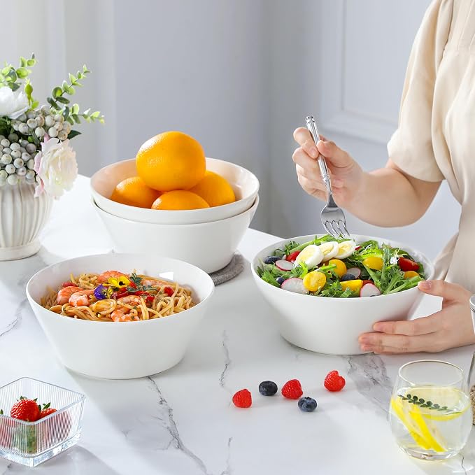 MALACASA 60 OZ Large Salad Soup Bowls Set of 4, White Ceramic Bowls | Deep Bowls for Kitchen, Family Salad, Ramen, Pasta, Pho, Fruit, Microwave & Dishwasher Safe Gift Set, Series REGULAR