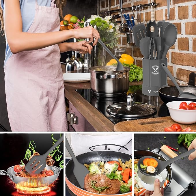 Silicone Kitchen Utensils Set, 16-Piece Silicone Cooking Utensils by Deedro | Heat Resistant Kitchen Tools Set with Holder, Nonstick Spatula Kitchen Gadgets for Cooking & Baking, Gray