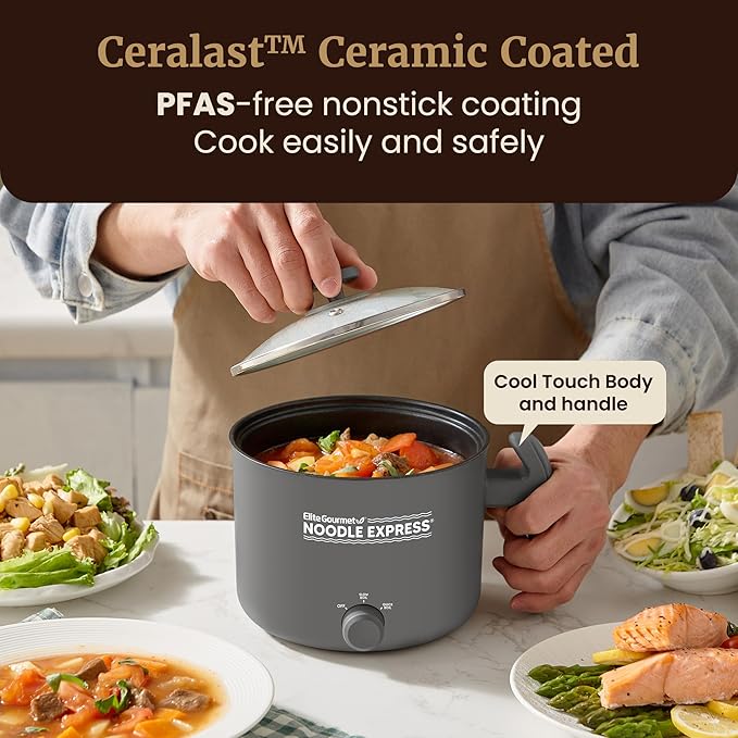 Elite Gourmet Noodle Express Electric Hot Pot, Ceralast Non-Stick, Grey | Cool-touch handle - PFAS-free ceramic coating - prepares noodles, soups & stews - glass lid - 2 heat settings, High/Low