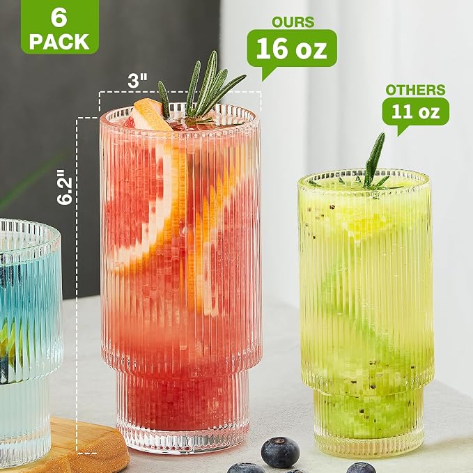 Qipecedm® 6 Pack Ribbed Drinking Glasses, 16 oz Vintage Glass Cups, Highball Glasses, Premium Iced Coffee Glasses, Clear Glass Tumbler, Cocktail Glasses, Elegant Glassware for Water Juice Whiskey Beer