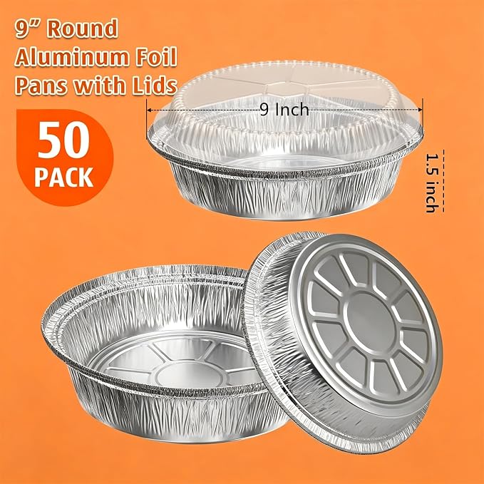 50 Pack 9" Round Aluminum Pans with Clear Lids, Pie Tins Disposable Foil Pans with Lids, Take Out Containers, Freezer Oven Safe Aluminum Baking Pans for Storing, Baking, Meal Prep & Reheating