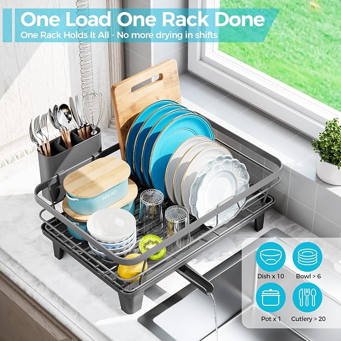 Urakify Dish Drying Rack for Kitchen Counter, 16.5" L x 12.2" W, Grey | Large Dish Drainer with Cutlery Holder, Sink Dish Rack with Drainboard for plate dish silverware, Space Saving