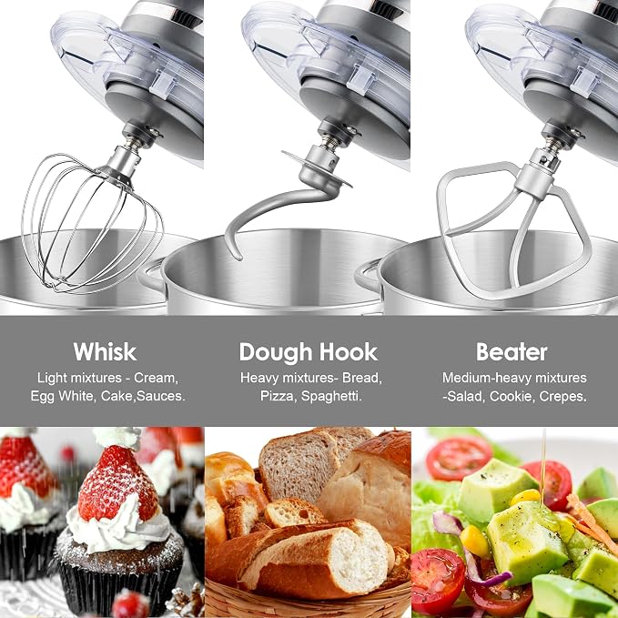 Aucma Stand Mixer,6.5-QT 660W 6-Speed Tilt-Head Food Mixer, Kitchen Electric Mixer with Dough Hook, Wire Whip & Beater (Gray, 6.5QT)