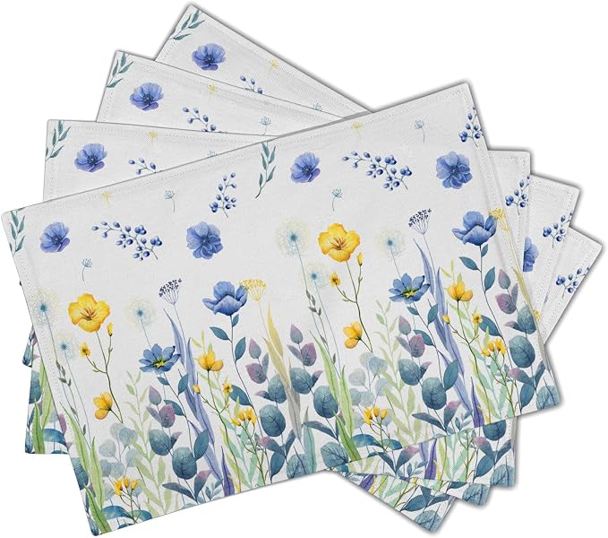 Watercolor Floral Placemats Set of 4 Blue Yellow Poppy Flowers Washable Non-Slip Heat Resistant 12×18 Inch Spring Summer Seasonal Linen Fabric Table Mats for Kitchen Dining Table