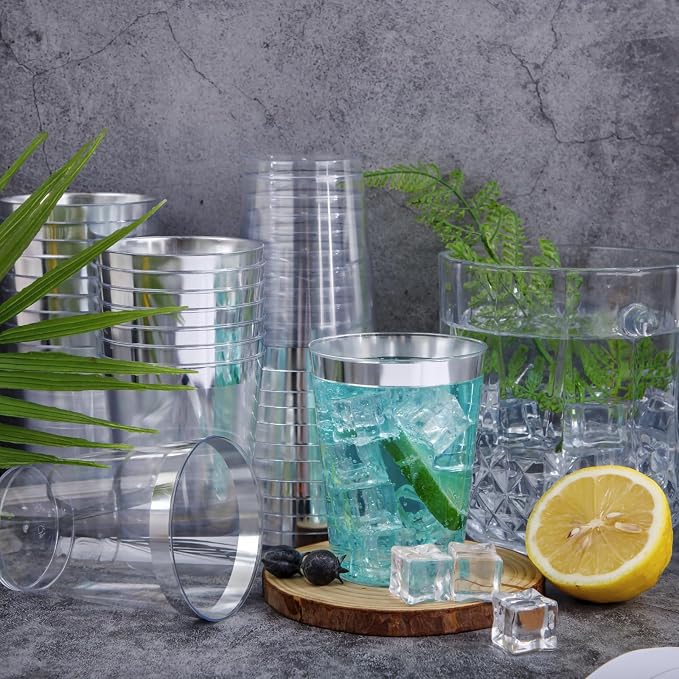 I00000 100PCS Silver Plastic Cups,10 oz Clear Plastic Cups with Silver Trim, Heavy-Duty Disposable Hard Cup For Party, Premium Cup Perfect for Wedding & Party